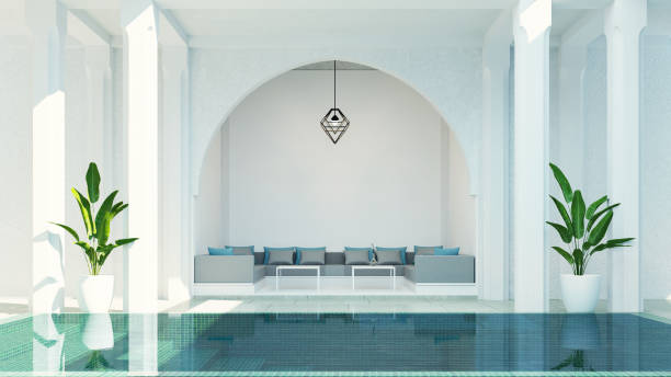 Modern luxury riad living room garden and swimming pool in courtyard, morocco style Modern luxury riad living room garden and swimming pool in courtyard, morocco style marrakesh riad stock pictures, royalty-free photos & images