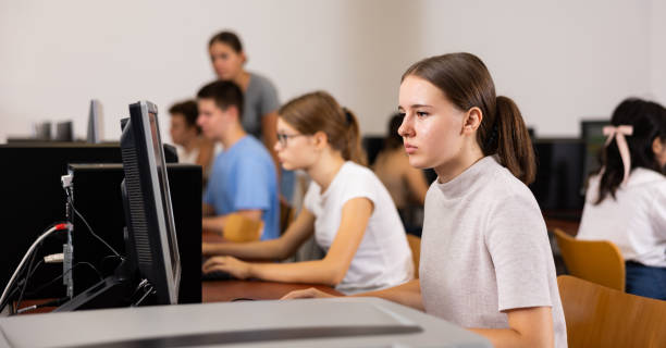 istock Teenage girl learning to use personal computer during lesson 1464594015