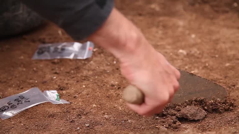 Archaeologist using a trowel on an historical site