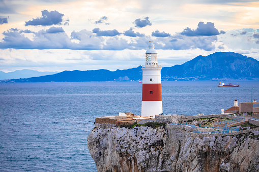 Europa Point Lighthouse in Gibraltar and Africa coastline view, Gibraltar straight