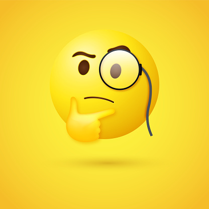 3d Thinking Emoji face with monocle, 3d Thinker emoticon with magnifying glass, eye glasses emotion with furrowed eyebrows looking upwards with thumb index finger on chin