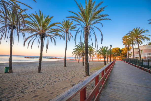 Puerto Banus near Marbella sand beach view, Andalusia region of Spain