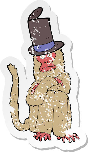 retro distressed sticker of a cartoon monkey wearing hat