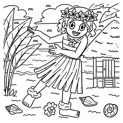 A cute and funny coloring page of Summer Girl in Hula Outfit. Provides hours of coloring fun for children. Color, this page is very easy. Suitable for little kids and toddlers.