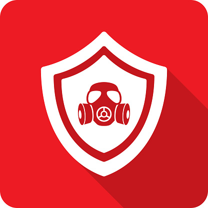 Vector illustration of a shield with gas mask icon against a red background in flat style.