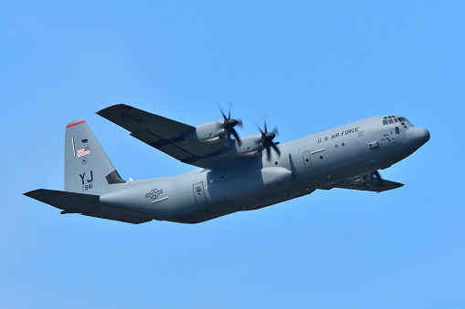 Tokyo, Japan - July 16, 2018: United States Air Force Lockheed Martin C-130J-30 Super Hercules transport aircraft.