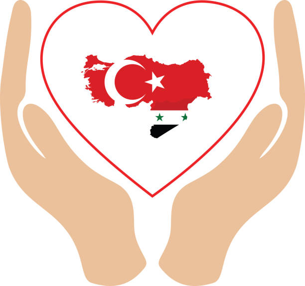 hände halten ein weißes herz mit einer karte der türkei und syriens mit nationalflaggen - erdbeben türkei stock-grafiken, -clipart, -cartoons und -symbole