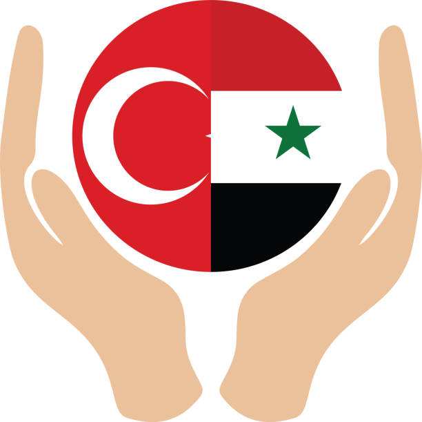 hände halten eine kreisflagge der türkei und syriens - erdbeben türkei stock-grafiken, -clipart, -cartoons und -symbole