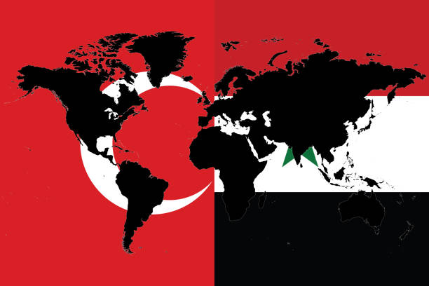 schwarz gefärbte weltkarte auf der flagge der türkei und syriens - erdbeben türkei stock-grafiken, -clipart, -cartoons und -symbole