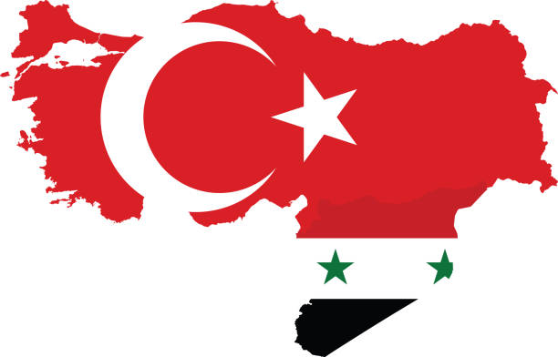 karte der türkei und syrien mit nationalflagge - erdbeben türkei stock-grafiken, -clipart, -cartoons und -symbole