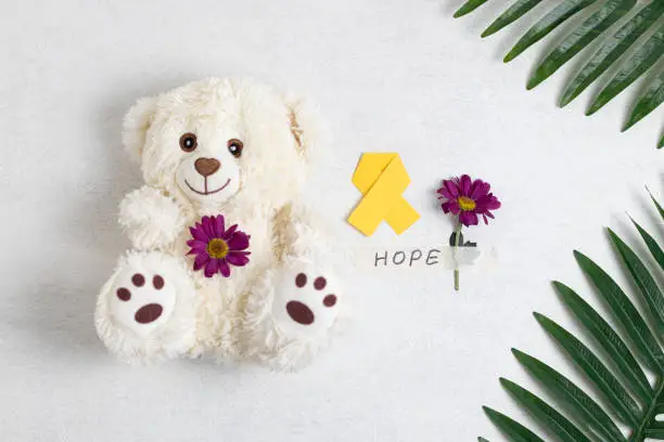 Photo of Yellow ribbon, teddy bear and flowers with the word hope.