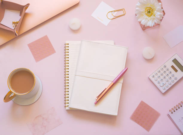 istock Pink cute PC desk, women's workspace 1464607285