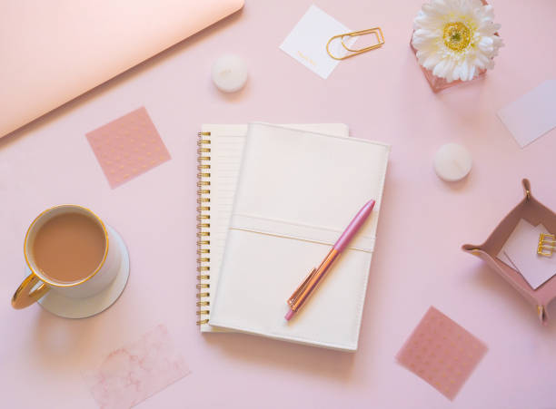 istock Pink cute PC desk, women's workspace 1464607287