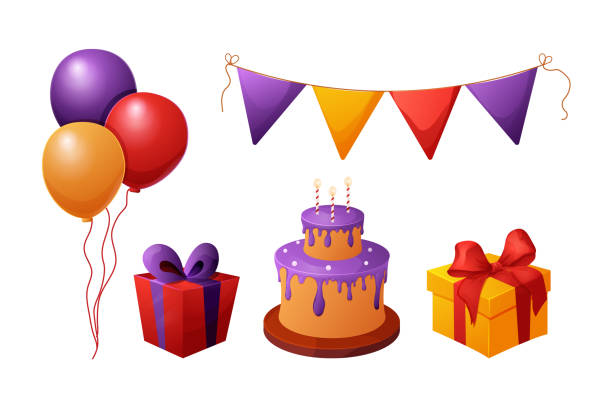 istock Set birthday elements, celebration cake and presents, garland and balloons, party paper hats in cartoon style isolated om white background. Vector illustration 1464608426