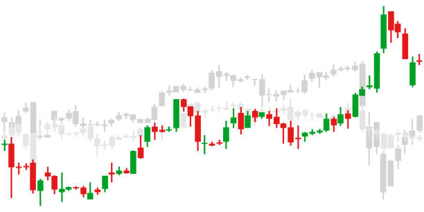 흰색 배경에 세 개의 빨간색 녹색과 회색 일본 촛대 그래프 차트 - moving up gold silver growth stock illustrations