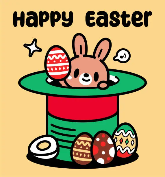 Vector illustration of A cute Easter Bunny turning up from a big magic top hat and sending lots of Easter Eggs