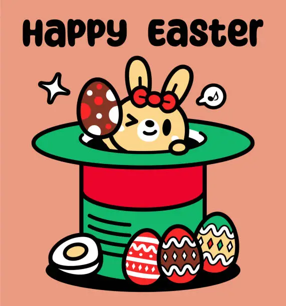 Vector illustration of A cute Easter Bunny turning up from a big magic top hat and sending lots of Easter Eggs