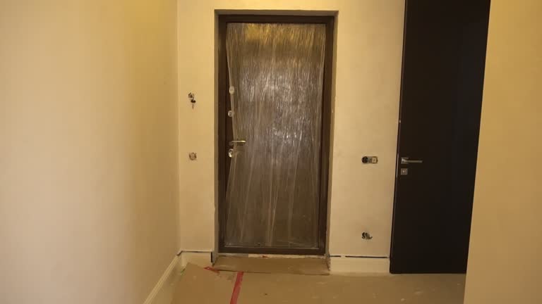 Modern renovation in an apartment with a stretch ceiling with LED lighting. Construction materials, remodeling of the hallway. Background