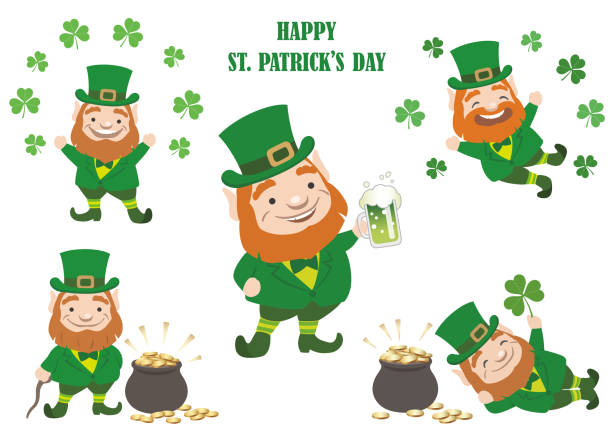 ilustraciones, imágenes clip art, dibujos animados e iconos de stock de conjunto de ilustraciones de caracteres de símbolos vectoriales del día de san patricio. - leprechauns