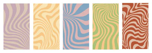Vector illustration of Groovy backgrounds with swirl, waves, twisted pattern. Distorted texture in the trendy retro style of the hippie 70s. Y2K aesthetic. Vector.