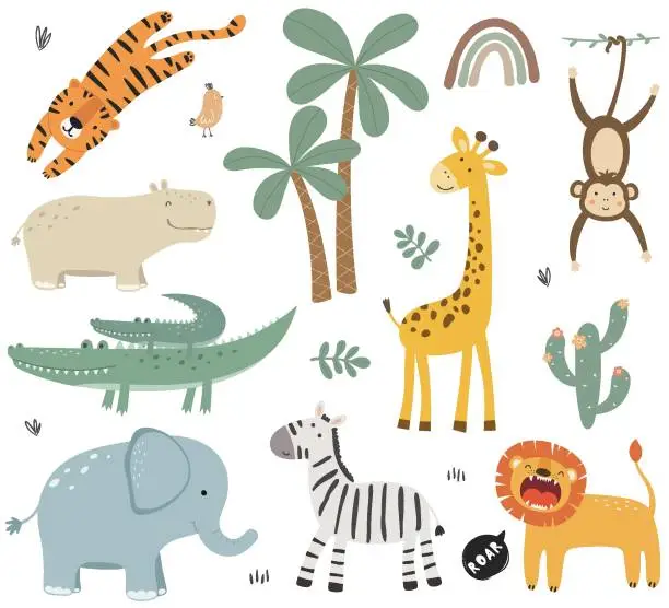 Vector illustration of Set of cute african animals. Elephant, tiger, leon, giraffe, hippo, zebra, monkey, crocodile and bird.