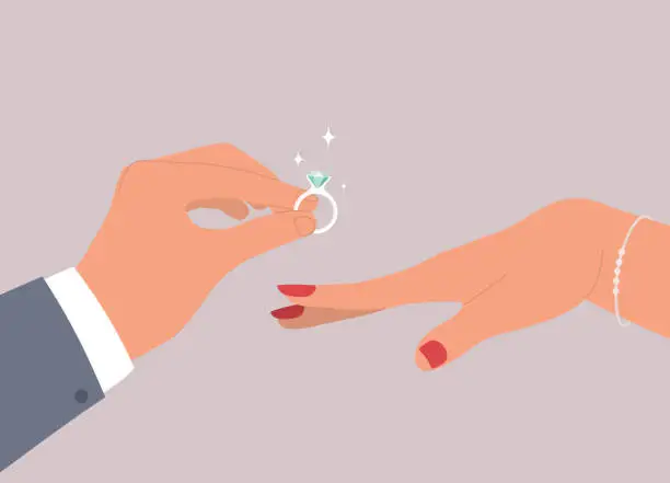 Vector illustration of Female’s Hand Accepting Marriage Proposal With Male’s Hand Holding A Big Shiny Diamond Ring. Say Yes. Propose. Marry Me. Acceptance. Accept.