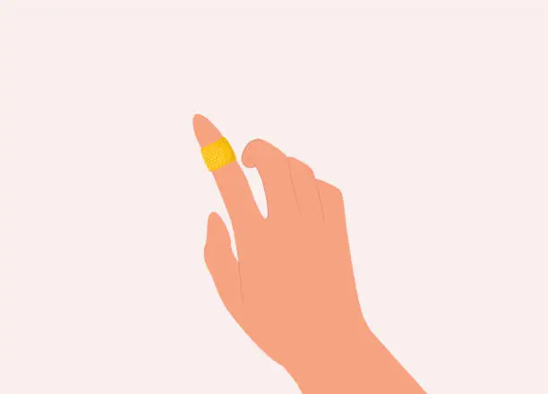 Vector illustration of A Person’s Finger Wrapped With Band-Aid Plaster.