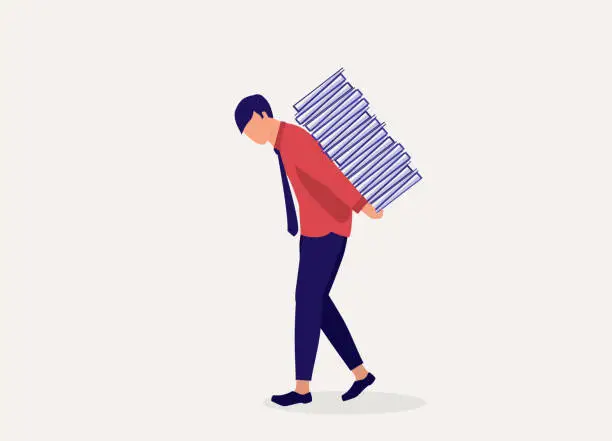 Vector illustration of Stressful Young Man Employee Carrying A Huge Pile Of Paperwork Behind His Back. Fatigue. Weary. Overloaded. Burnout. Overwhelmed. Having To Work Too Much.