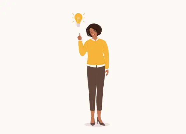 Vector illustration of Smiling Black Businesswoman Thinking With Finger Pointing Up A Light Bulb.