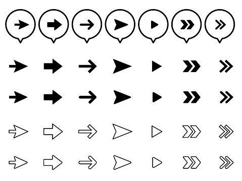 Various kinds of simple monochrome arrow icon set. Arrows in speech bubbles and line arrows.