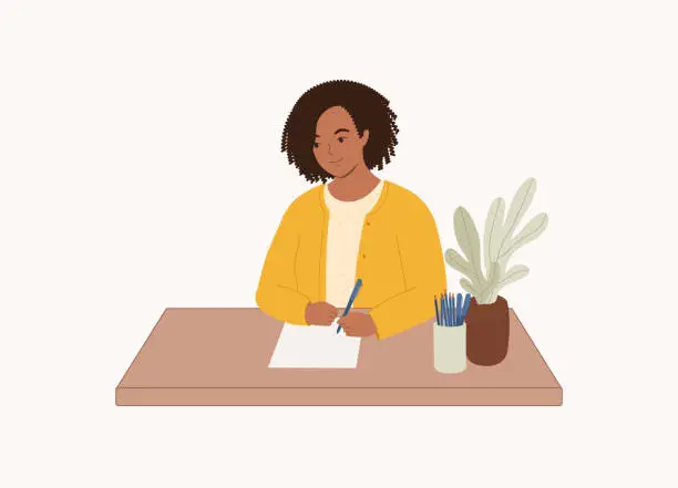 Vector illustration of Smiling Black Woman Writer With Pen Writing On A Paper. Taking Note.