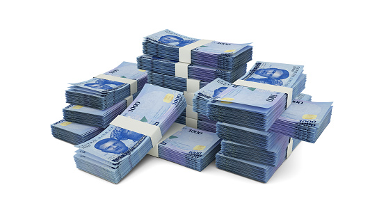 Wad of cash with European one hundred euro bills. Cash money concept. Several banknotes 100€ Isolated on white background.