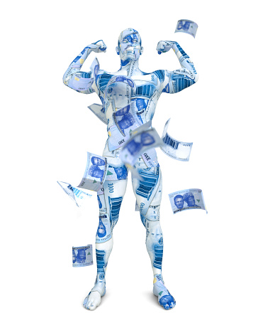 3D rendering of human figure made up of Nigerian naira notes