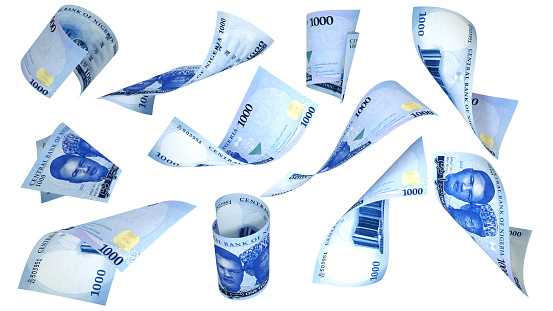 3D rendering of new 1000 Nigerian naira notes flying in different angles and orientations isolated on white background