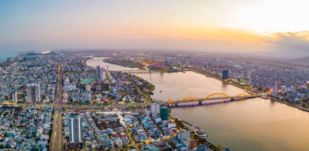 aerial view of da nang city at sunset - marble mountains imagens e fotografias de stock