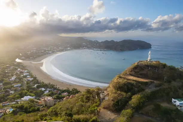 Travel resort San Juan Del Sur background. Aerial view on Nicaragua ocean cruise bay