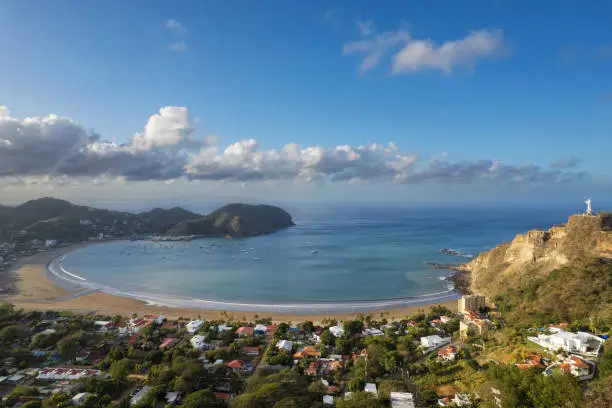 Empty beach in San Juan Del Sur morning golden color time aerial view