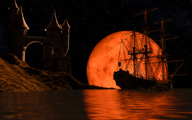 istock Sailboat at the red full moon near a castle 1464625129
