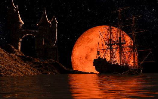 Sailboat at the red full moon near a castle - 3d rendering