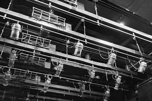 Lighting equipment hanging on the stage of the drama