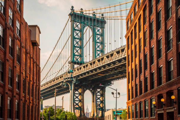 Manhattan Bridge The Manhattan Bridge shot from Washington Street. DUMBO, Brooklyn. NYC. USA new york city skyline new york state night stock pictures, royalty-free photos & images