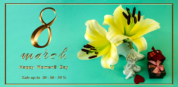 flyer or banner about discounts of 30,50,70 percent for the holiday of international women's day on March 8