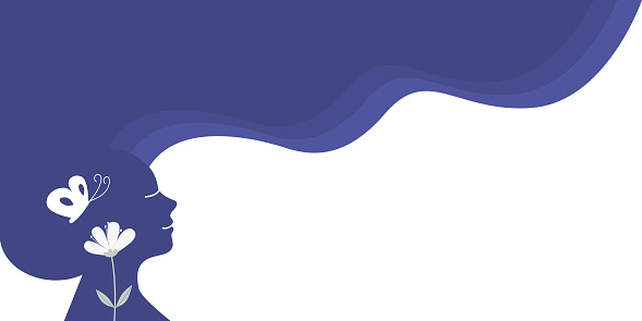 Blue silhouette of smiling woman with flying hair, mindfulness concept. Flat vector illustration banner.