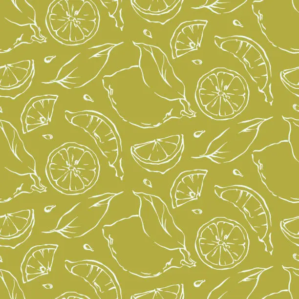 Vector illustration of Lemon seamless pattern with light linear drawing elements on green background
