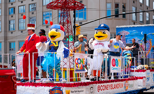 Coney Island, New York City, USA - June 18, 2022:    Coney Island Cyclone Float at Mermaid Parade, Surf Avenue, the largest art parade in the nation.