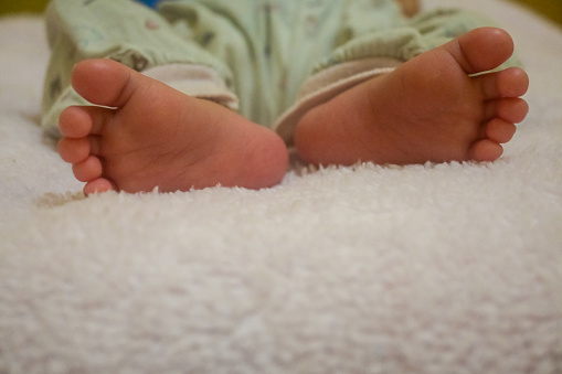 newborn feet on a fluffy blanket background.