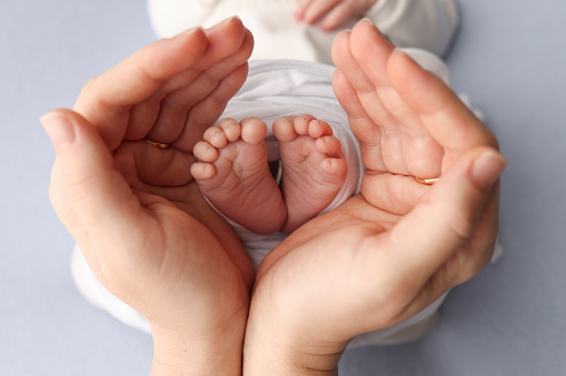 Small feet of a newborn in the hands of parents. Loving palms of the hands of mother. Conceptual image of fatherhood. Close-up, selective focus. Professional photography a white background