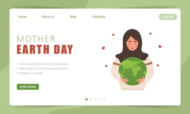 Vector illustration of Mother Earth day landing page template. Cute arabian girl expresses love to planet. Perfect for web design, business presentation and marketing. Vector illustration in flat cartoon style