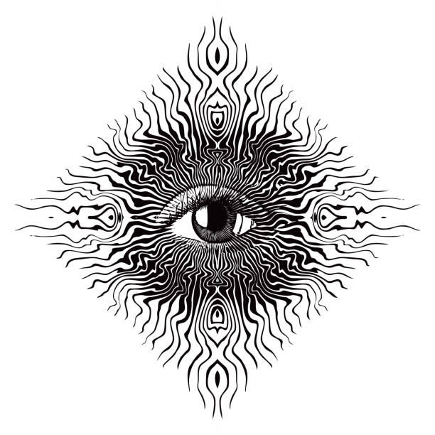 Third Eye glowing All Seeing Eye glowing with ornate sunbeams creepy glowing eyes stock illustrations