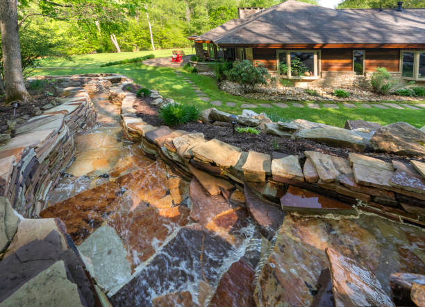 istock Manmade waterfall of stacked stones in backyard, Pennsylvania 1464636185